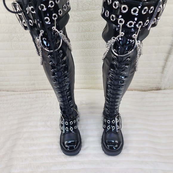 Demonia Shoes - Bratty Big Buckle Strap Drape Chain Block Heel Stretch Thigh Goth Boots